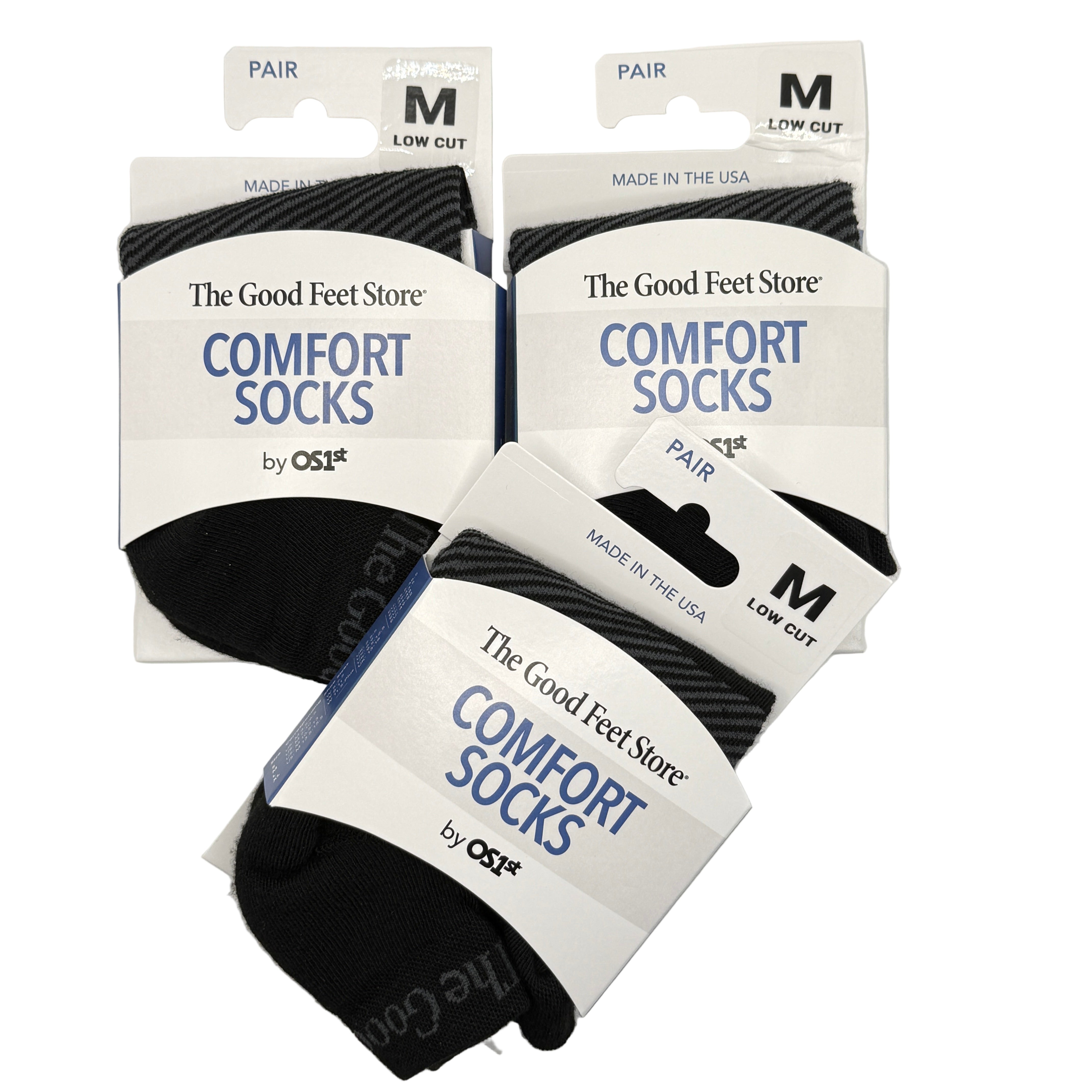 Three packages of 'The Good Feet Store' comfort socks on a white background
